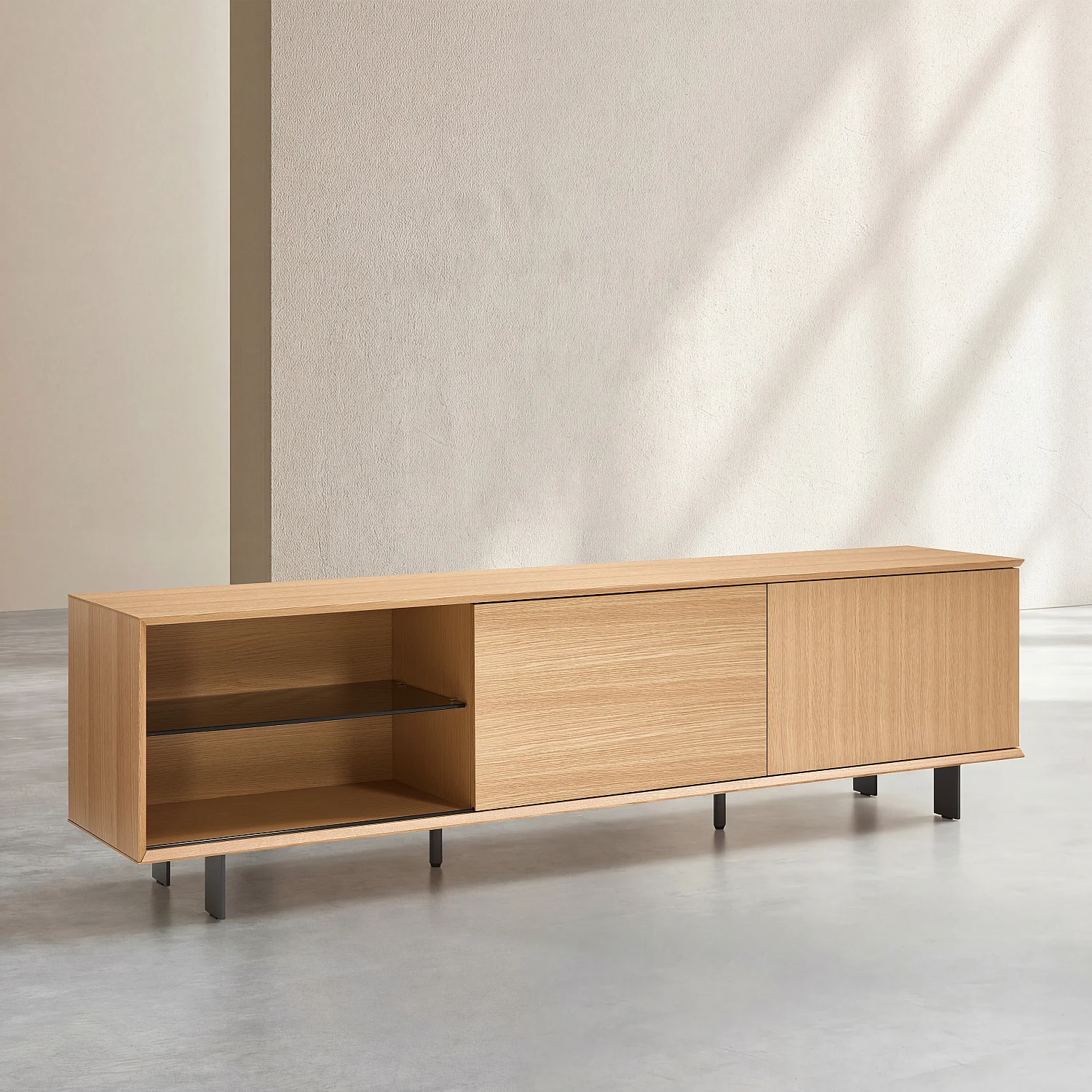 Meuble TV avec portes coulissantes en chêne et pieds en métal - Naturel - 3