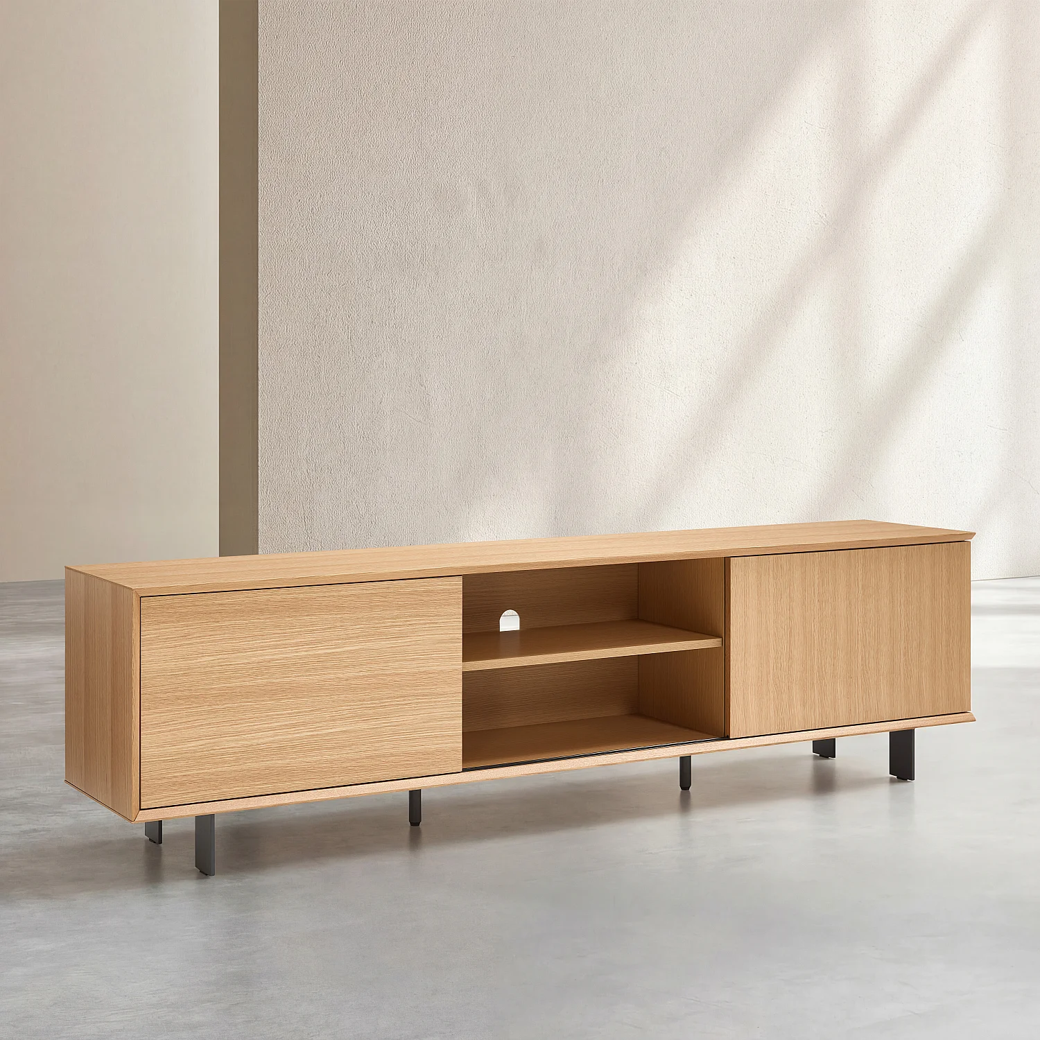 Meuble TV avec portes coulissantes en chêne et pieds en métal - Naturel - 5