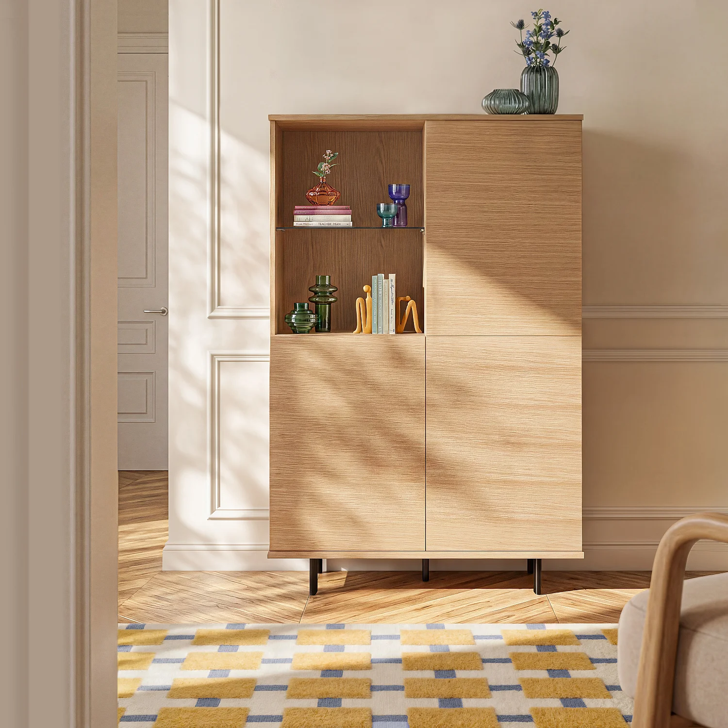 Buffet haut 3 portes en chêne et pieds en métal - Naturel - 1