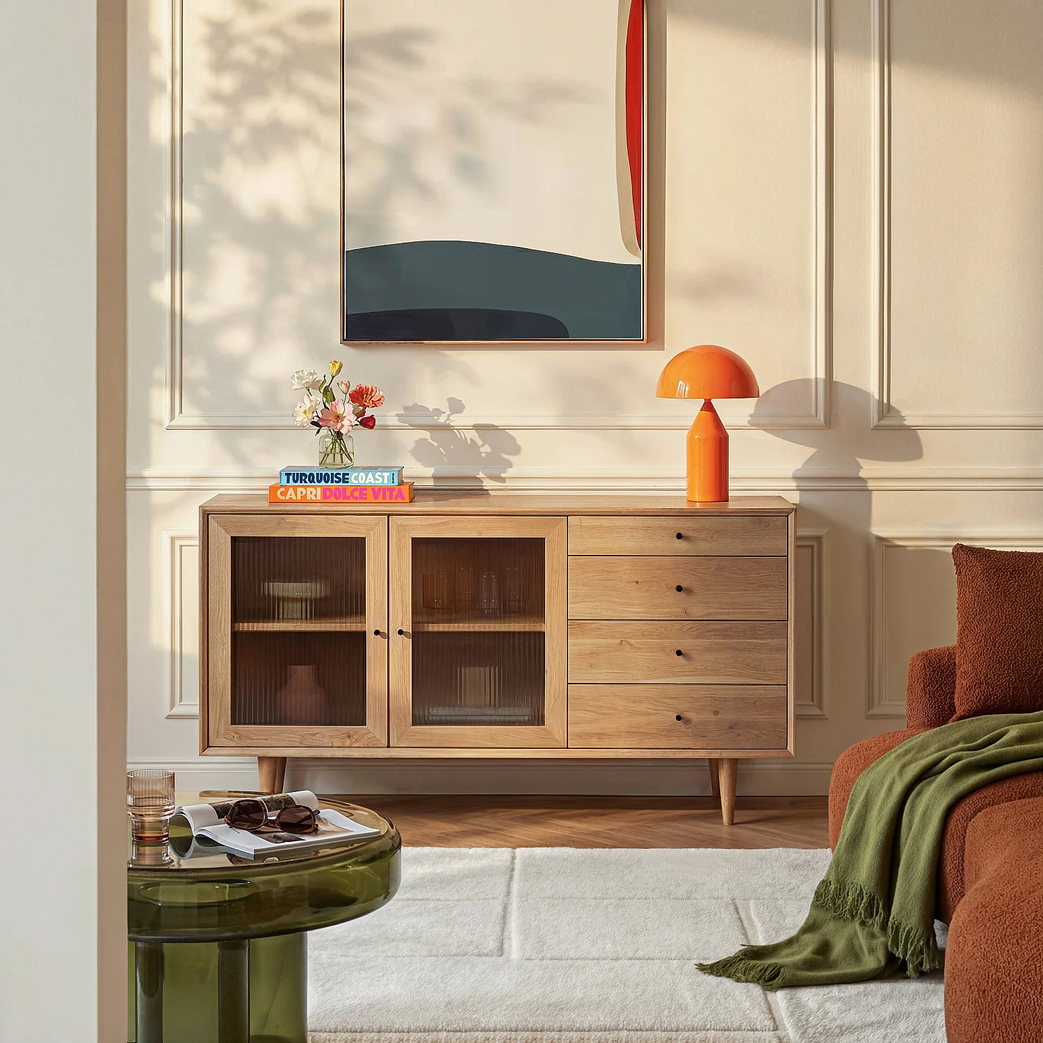 Aparador baixo 2 portas de vidro e 4 gavetas em carvalho maciço - Natural - 1