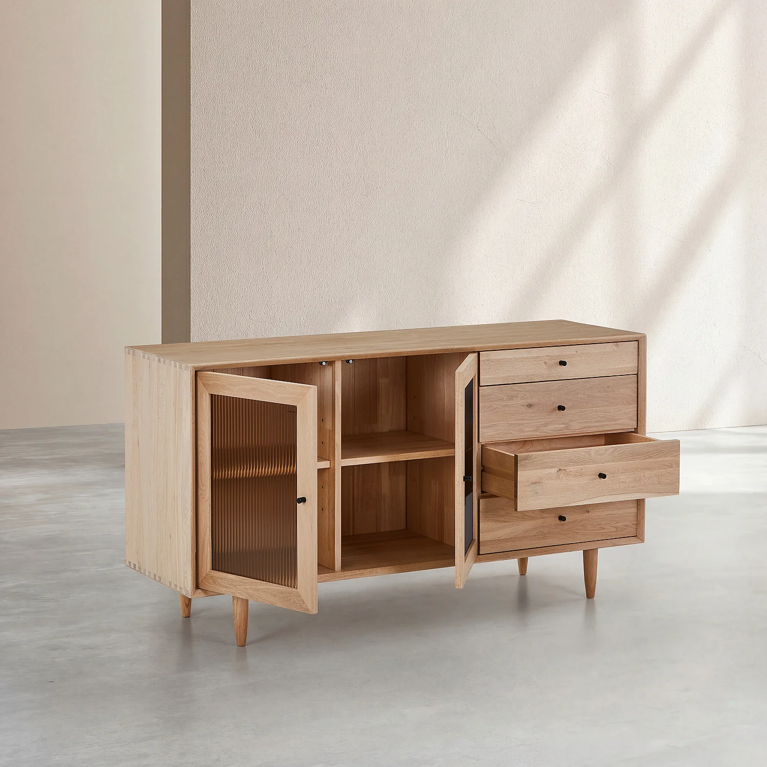 Aparador baixo 2 portas de vidro e 4 gavetas em carvalho maciço - Natural - 2