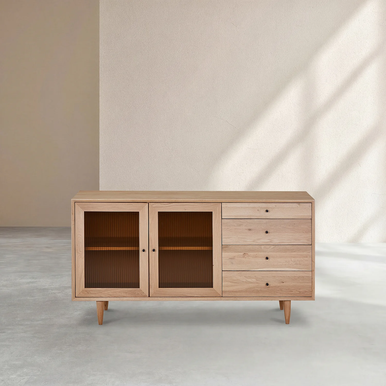 Aparador baixo 2 portas de vidro e 4 gavetas em carvalho maciço - Natural - 3