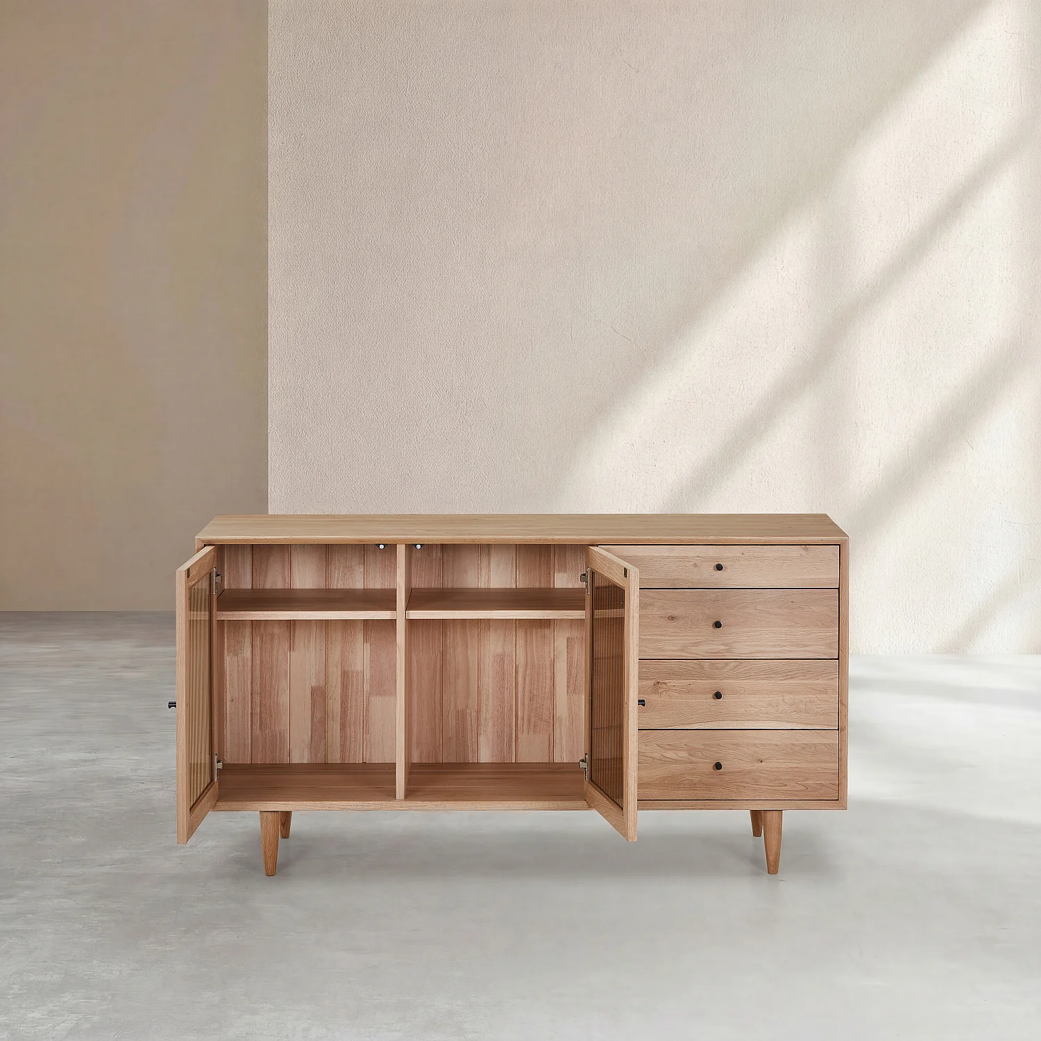 Aparador baixo 2 portas de vidro e 4 gavetas em carvalho maciço - Natural - 6