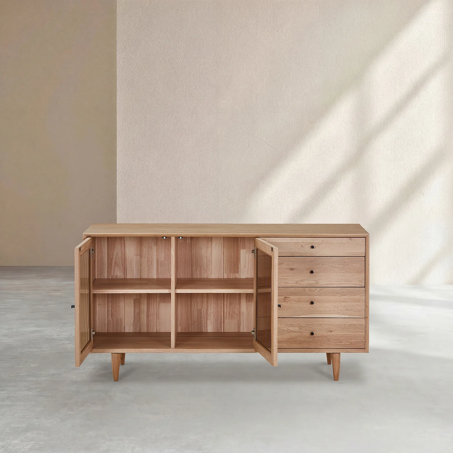 Aparador baixo 2 portas de vidro e 4 gavetas em carvalho maciço - Natural - 5