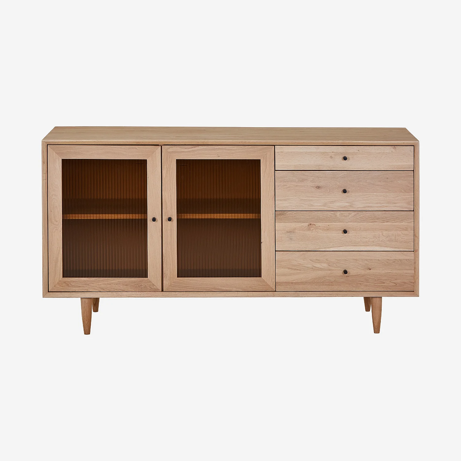 Sideboard mit 2 Glastüren und 4 Schubladen aus massiver Eiche - Natur - 1
