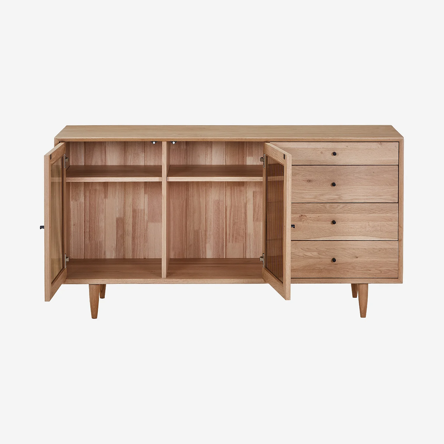 Sideboard mit 2 Glastüren und 4 Schubladen aus massiver Eiche - Natur - 6