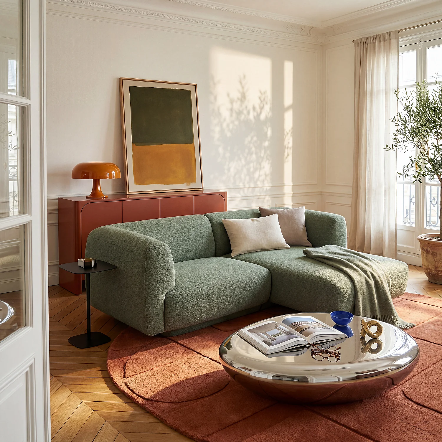 Canapé d'angle droit en tissu texturé - Vert sapin - Design by Federica Francini - 1