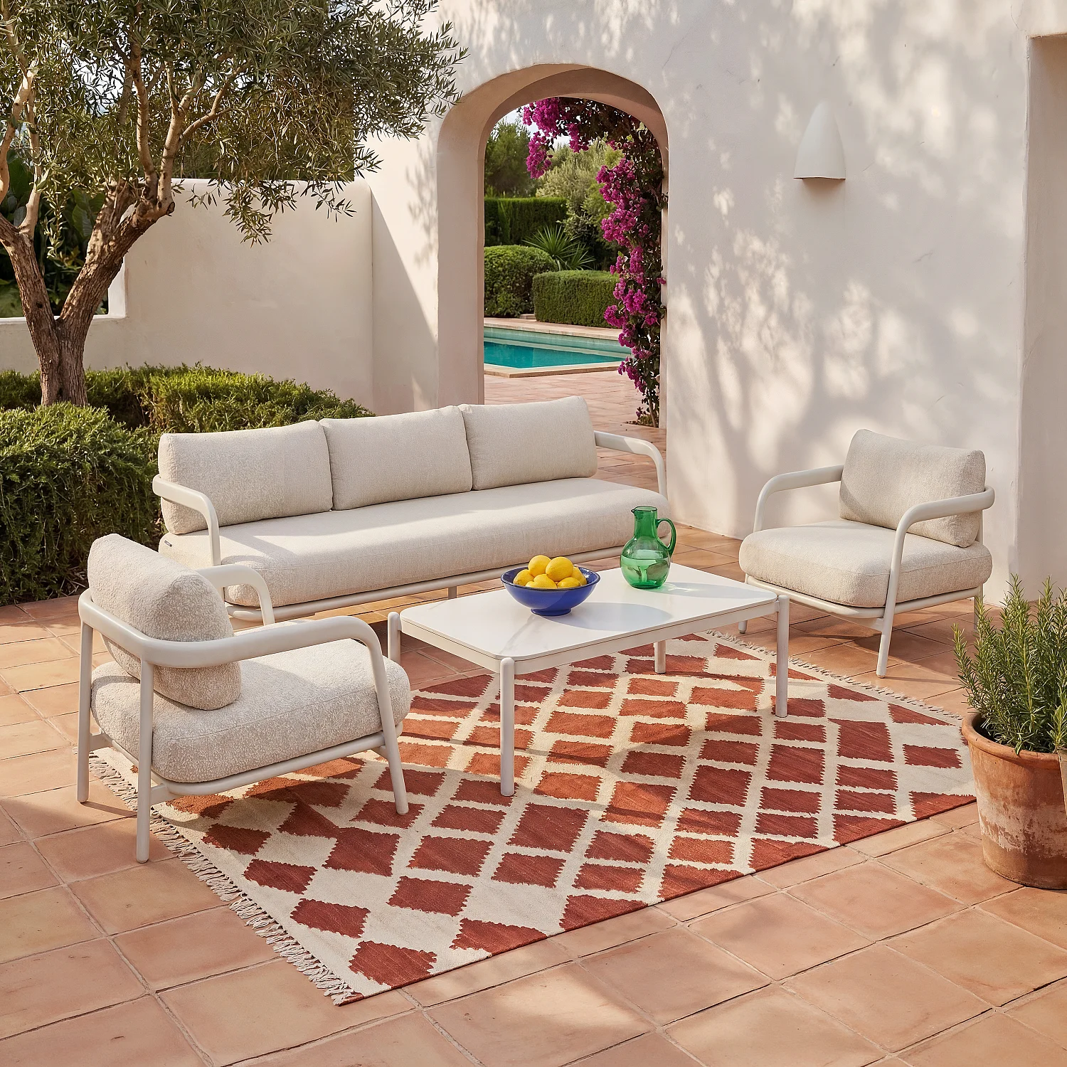 Fauteuil de jardin en aluminium et tissu texturé déperlant - Crème et blanc cassé - 1