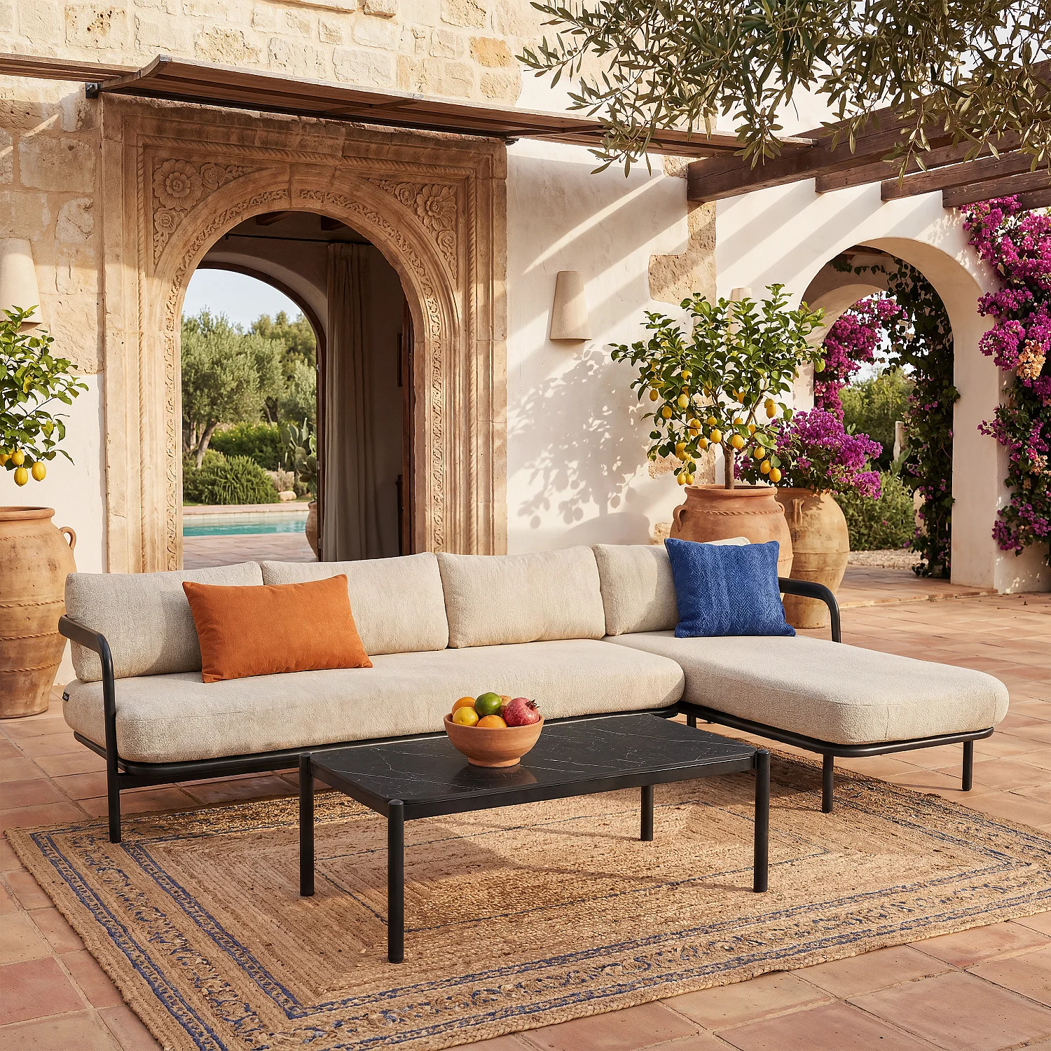 Canapé d'angle droit de jardin en aluminium et tissu tissé déperlant - Beige mélangé et gris anthracite - 1