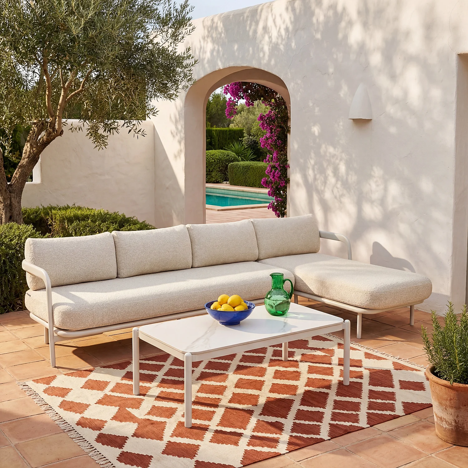 Canapé d'angle droit de jardin en aluminium et tissu texturé déperlant - Crème et blanc cassé - 1