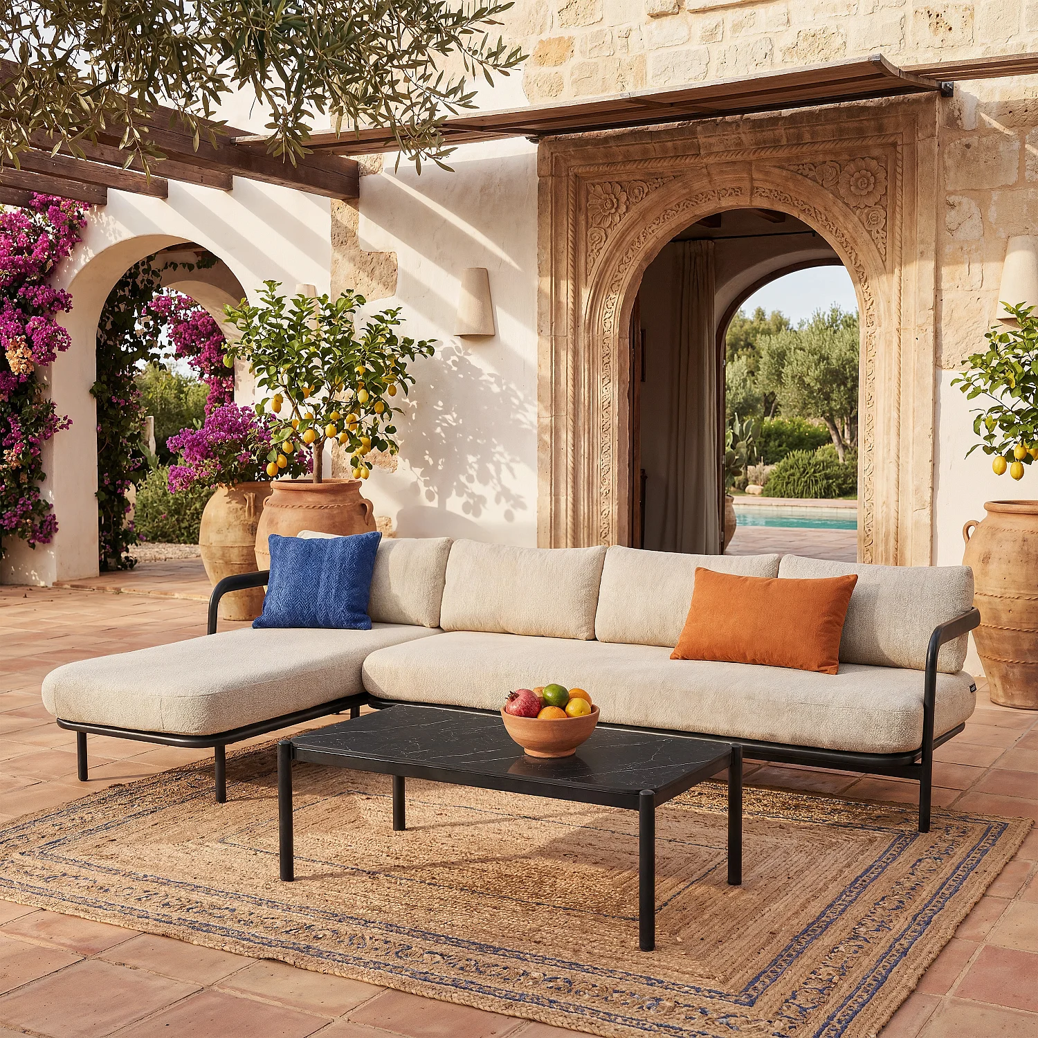 Canapé d'angle gauche de jardin en aluminium et tissu tissé déperlant - Beige mélangé et gris anthracite - 1