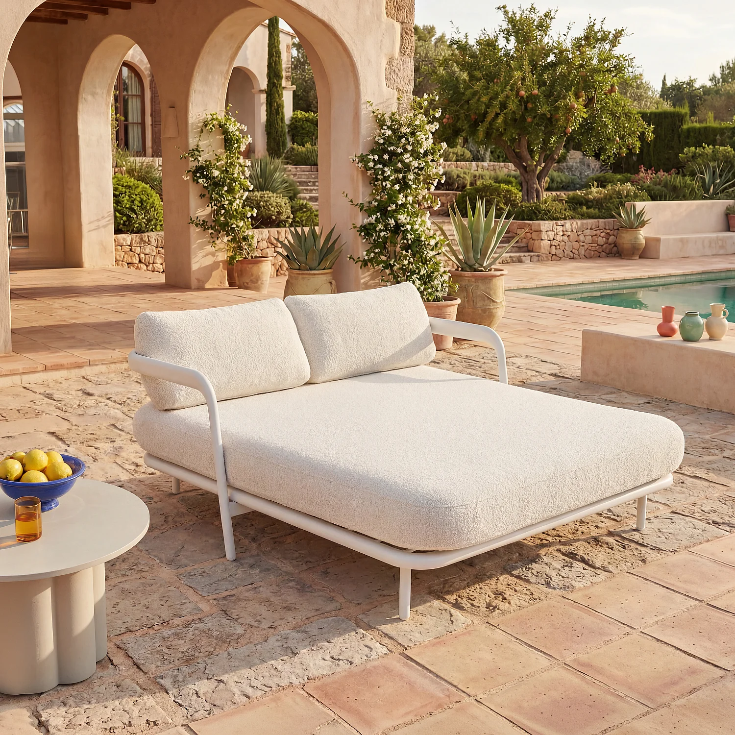 Bain de soleil double en tissu texturé déperlant et aluminium blanc cassé - Crème - 1
