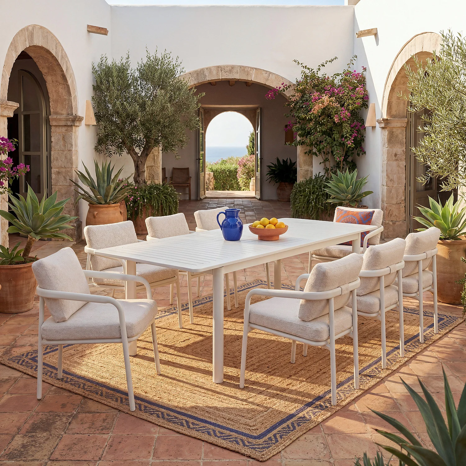 Lot de 2 chaises de jardin en tissu texturé déperlant et aluminium blanc cassé - Crème - 1