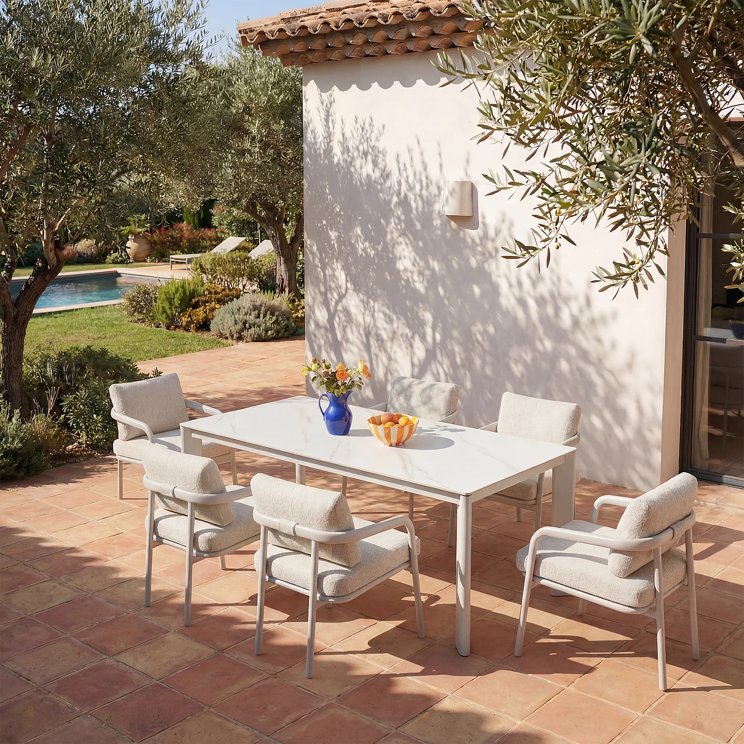 Table à manger de jardin en aluminium et céramique - Blanc cassé - 1