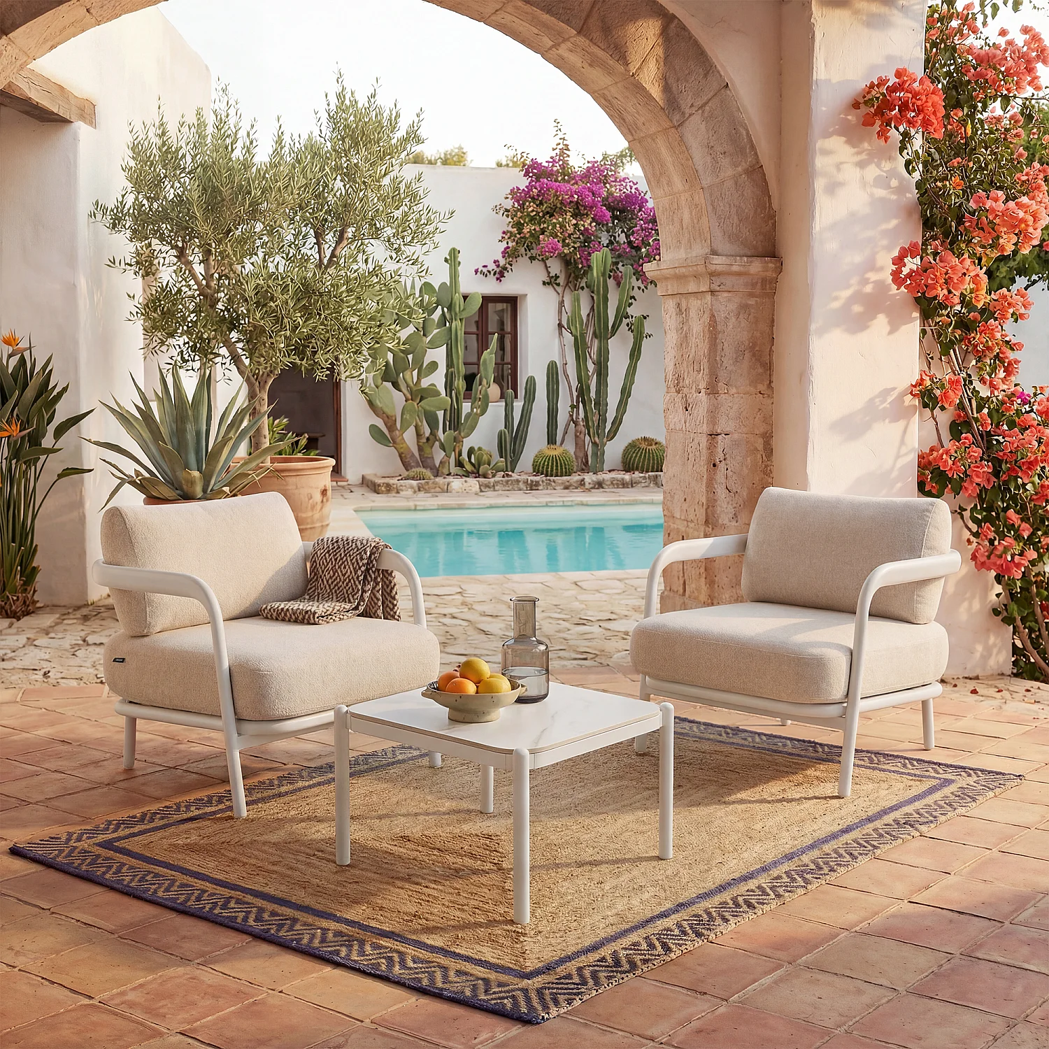 Table basse de jardin carrée de jardin en aluminium et céramique - Blanc cassé - 1