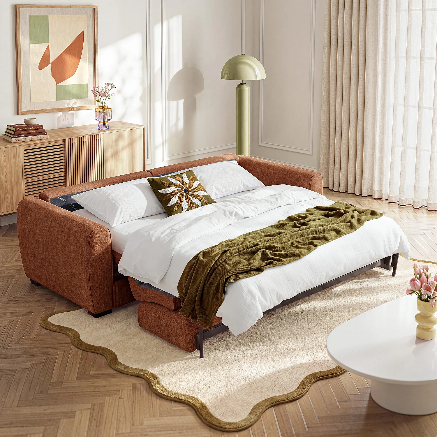 Sofá cama 2 plazas - Cama de 140 cm - Colchón de 16 cm - Tejido chenilla repelente al agua Lugano - Terracota - 2
