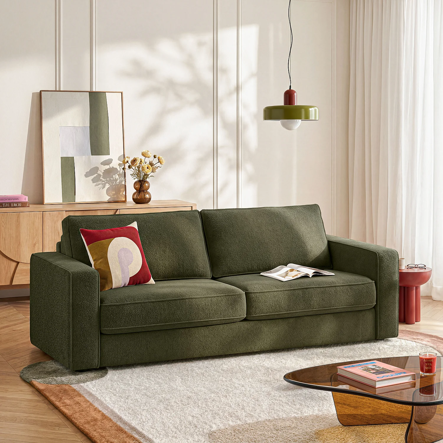 Divano letto 3 posti - Letto 160 cm - Materasso 16 cm - Tessuto bouclé Tolfa - Verde kaki - 1