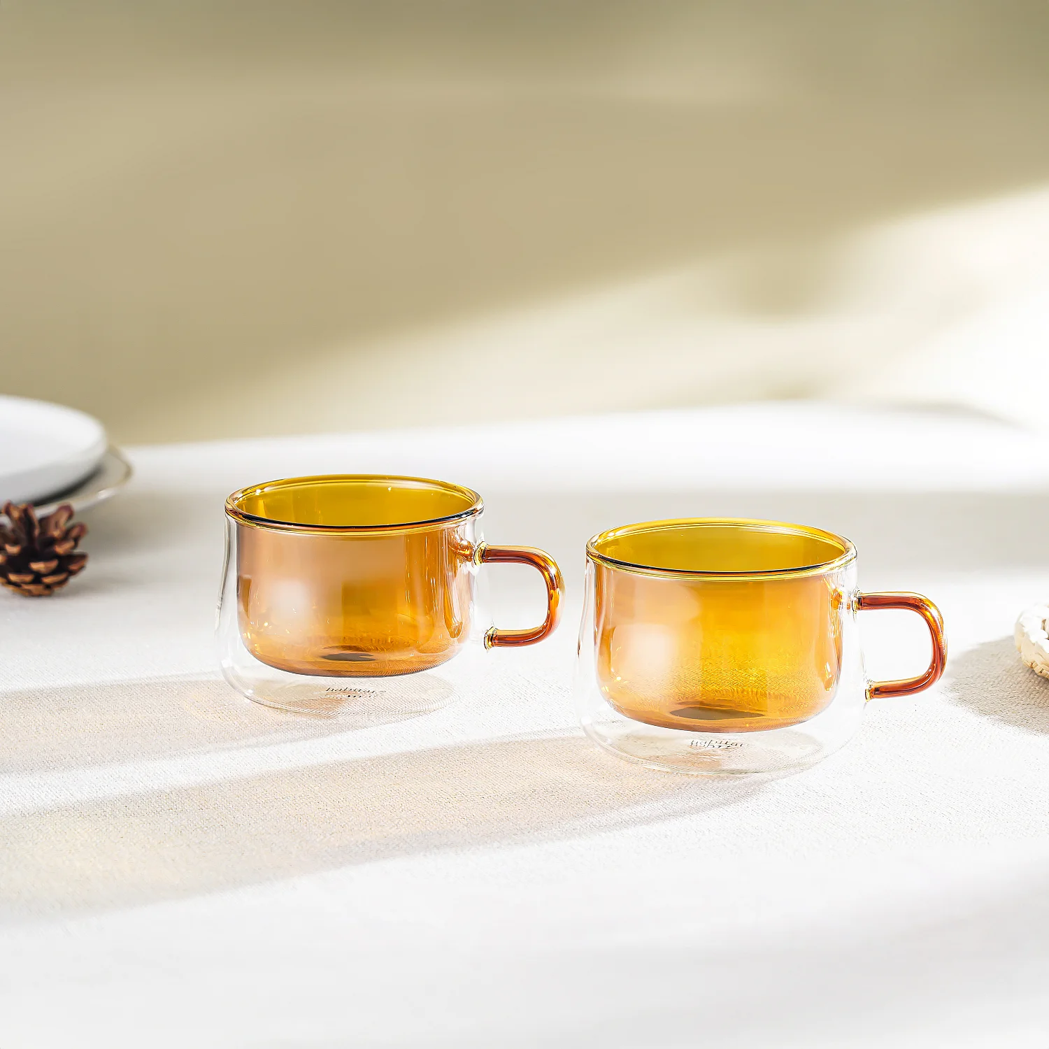 Lot de 2 tasses double paroi en verre avec anse - 22 cl - Orange - 1