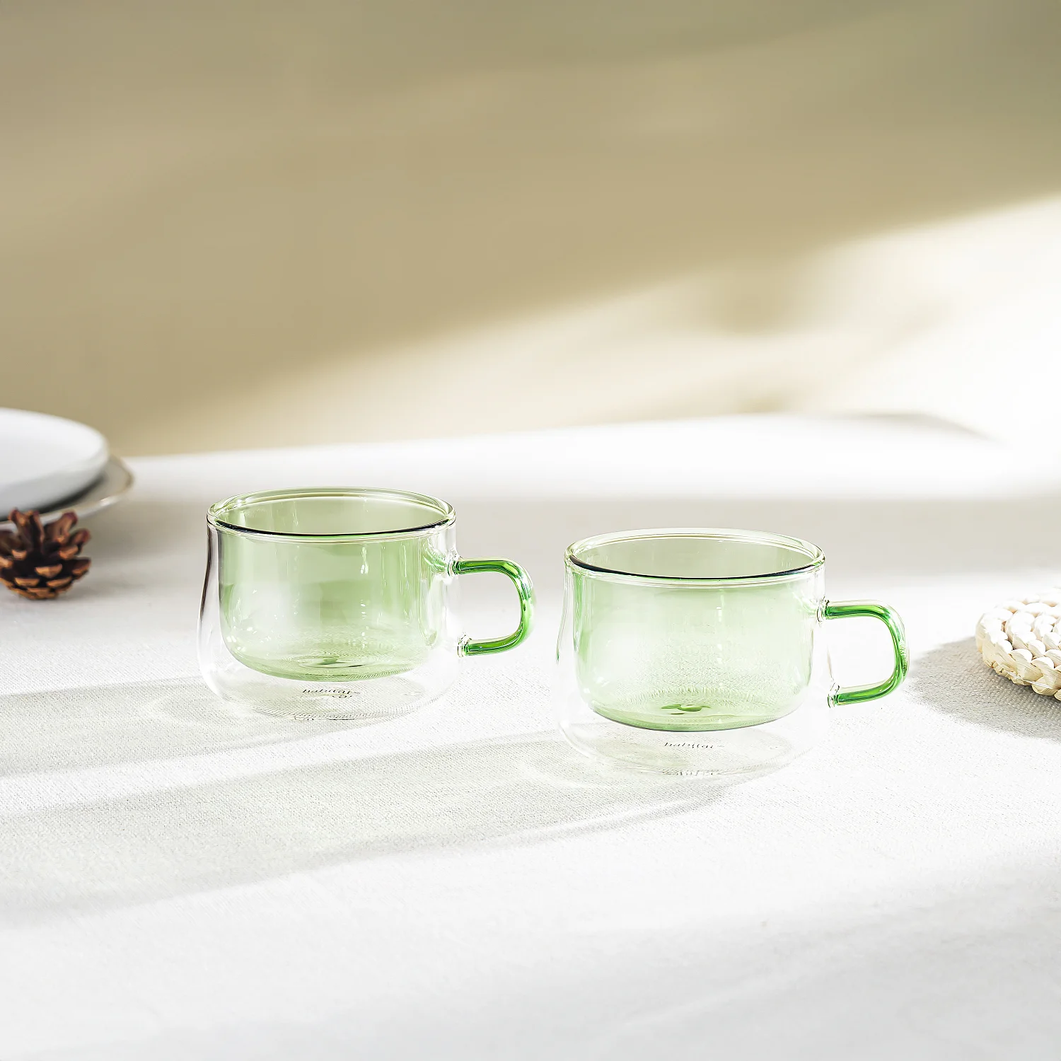 Lot de 2 tasses double paroi en verre avec anse - 22 cl - Vert - 1