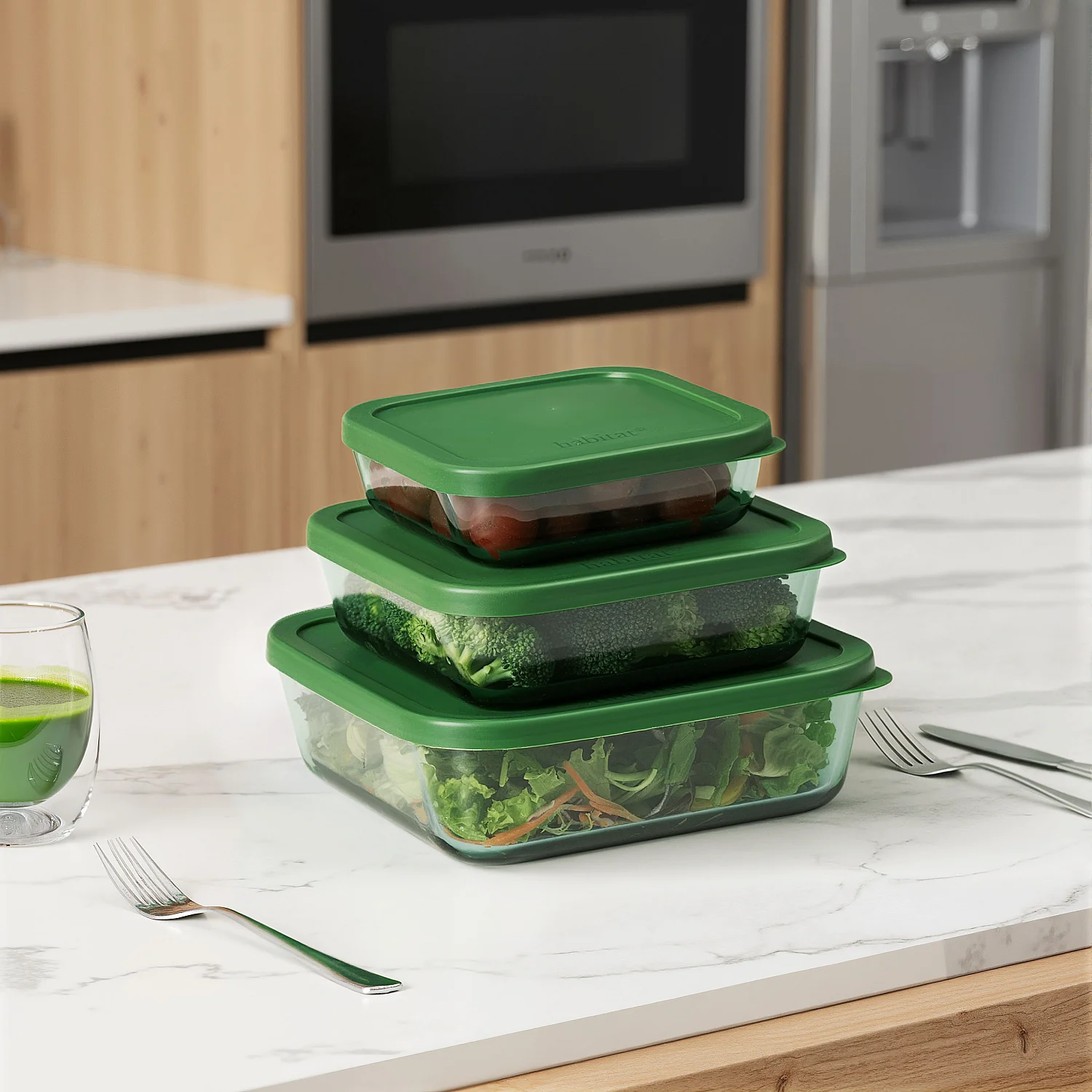 Lot de 3 boîtes de conservation carrées en verre - Vert - 3