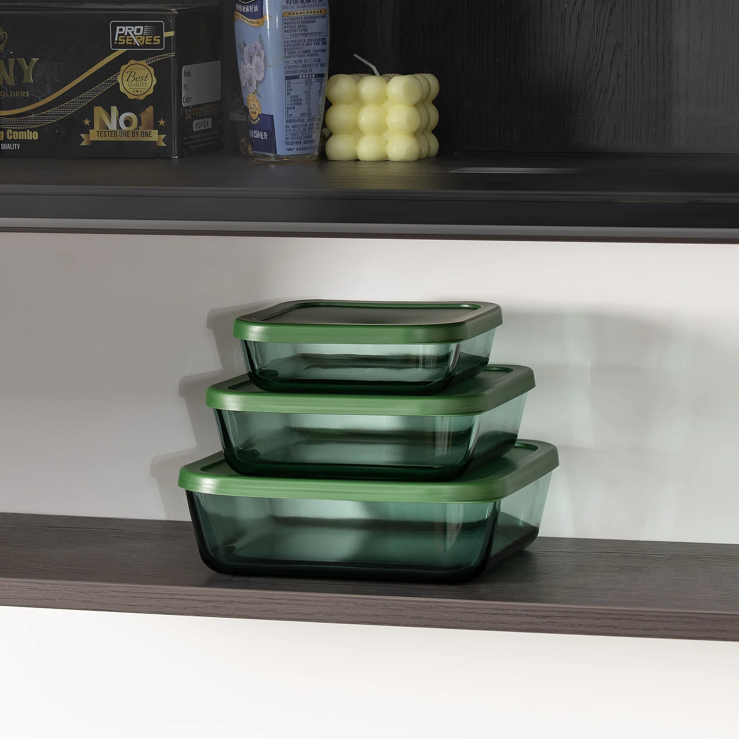 Lot de 3 boîtes de conservation carrées en verre - Vert - 1