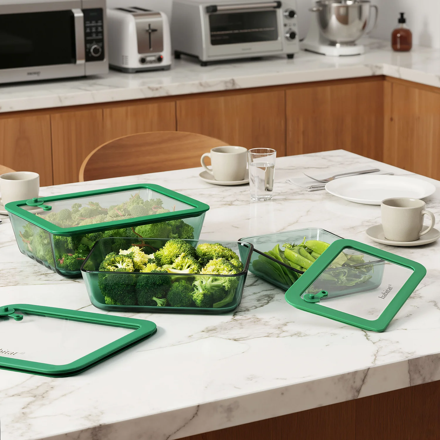 Lot de 3 boîtes de conservation rectangulaires en verre avec couvercle transparent et valve - Vert - 5