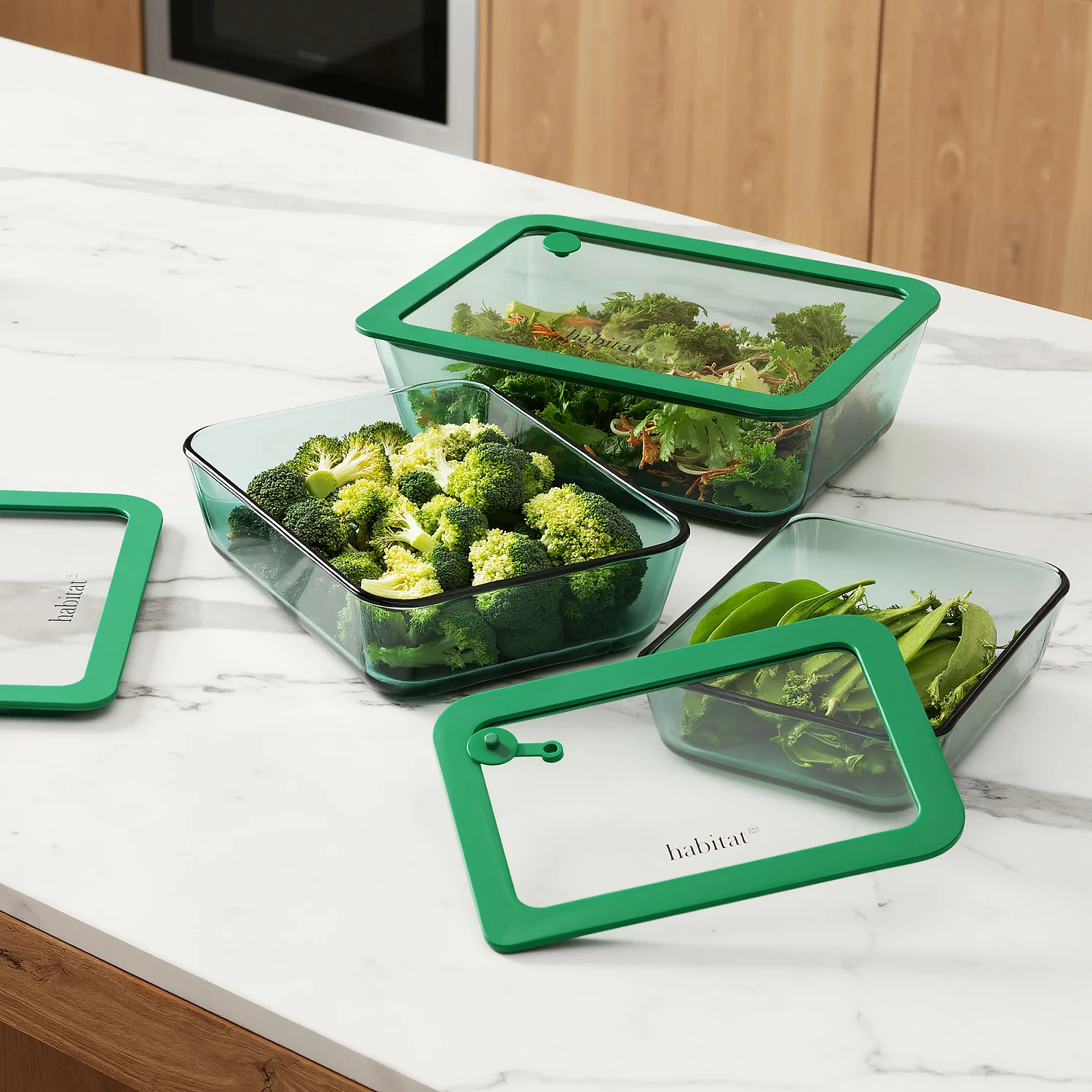 Lot de 3 boîtes de conservation rectangulaires en verre avec couvercle transparent et valve - Vert - 1