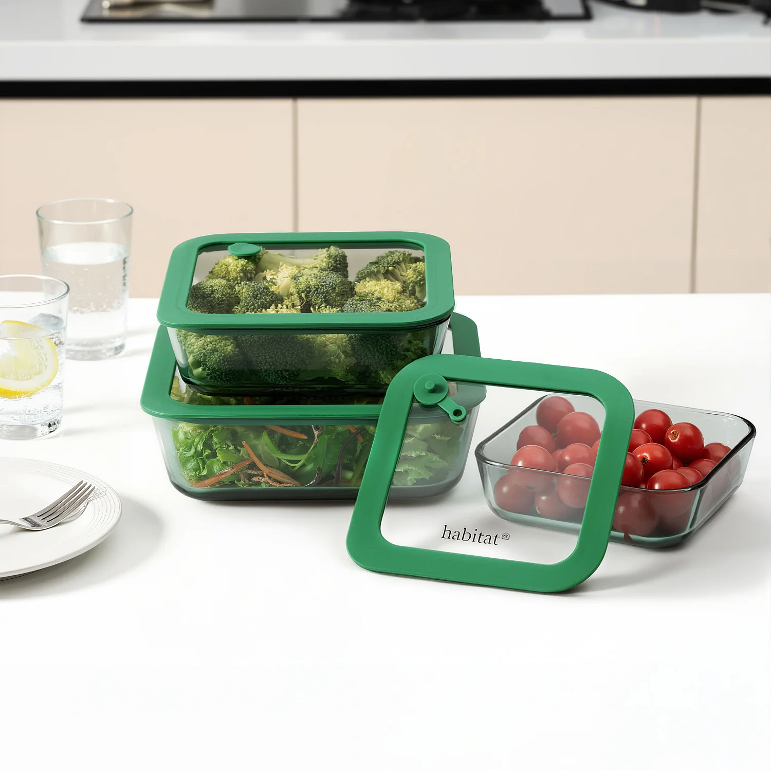 Lot de 3 boîtes de conservation carrées en verre avec couvercle transparent et valve - Vert - 3