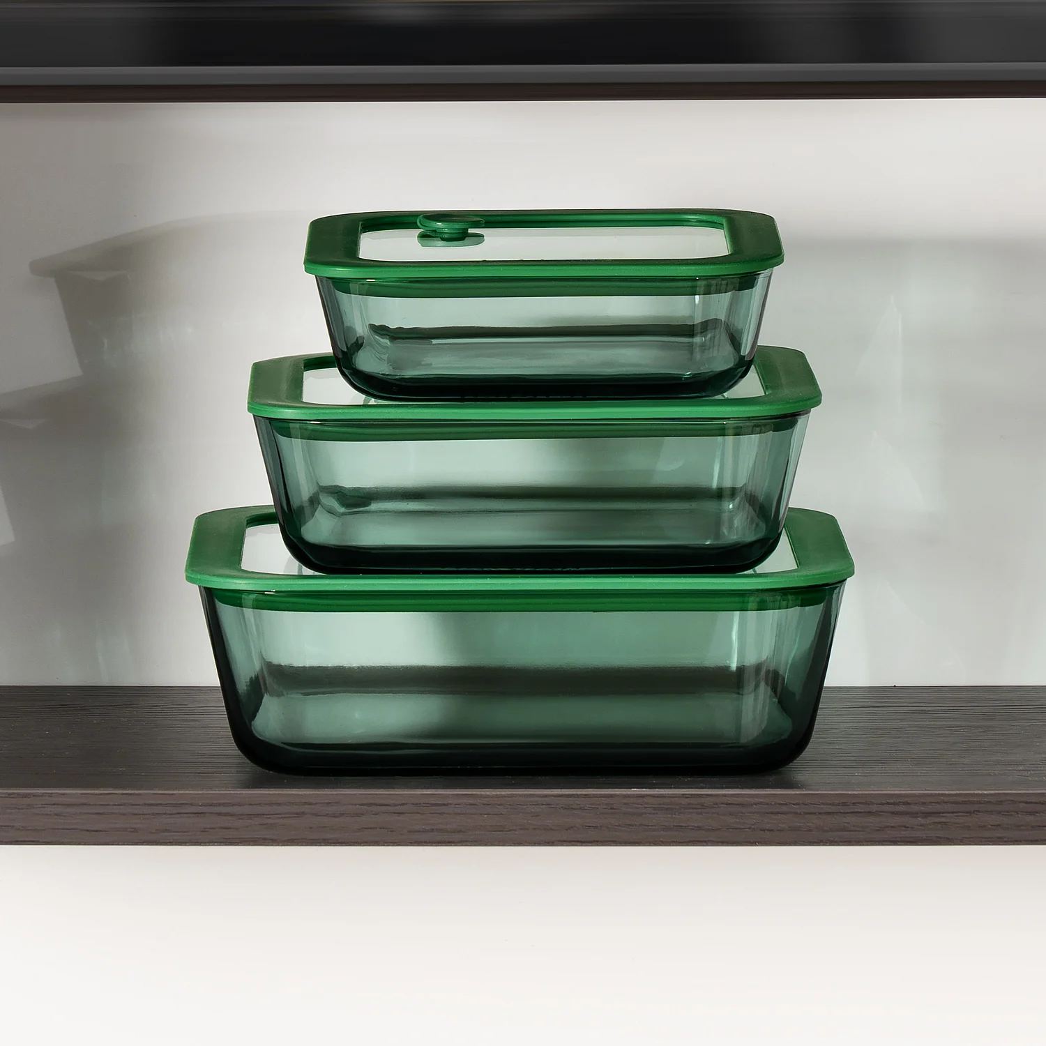 Lot de 3 boîtes de conservation carrées en verre avec couvercle transparent et valve - Vert - 1