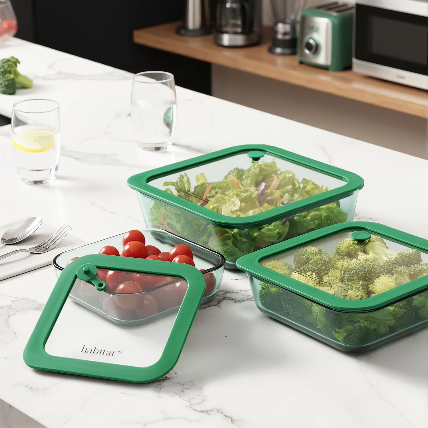 Lot de 3 boîtes de conservation carrées en verre avec couvercle transparent et valve - Vert - 7