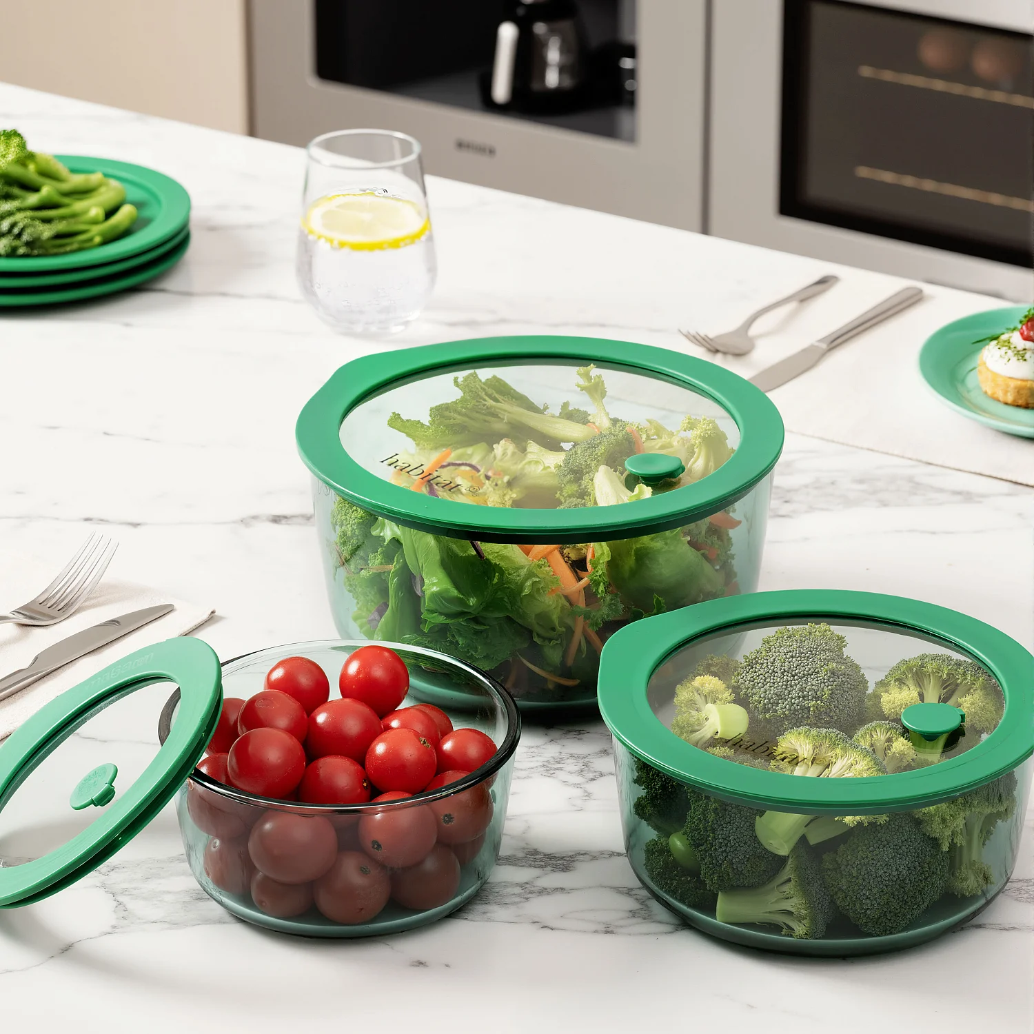 Lot de 3 boîtes de conservation rondes en verre avec couvercle transparent et valve - Vert - 7