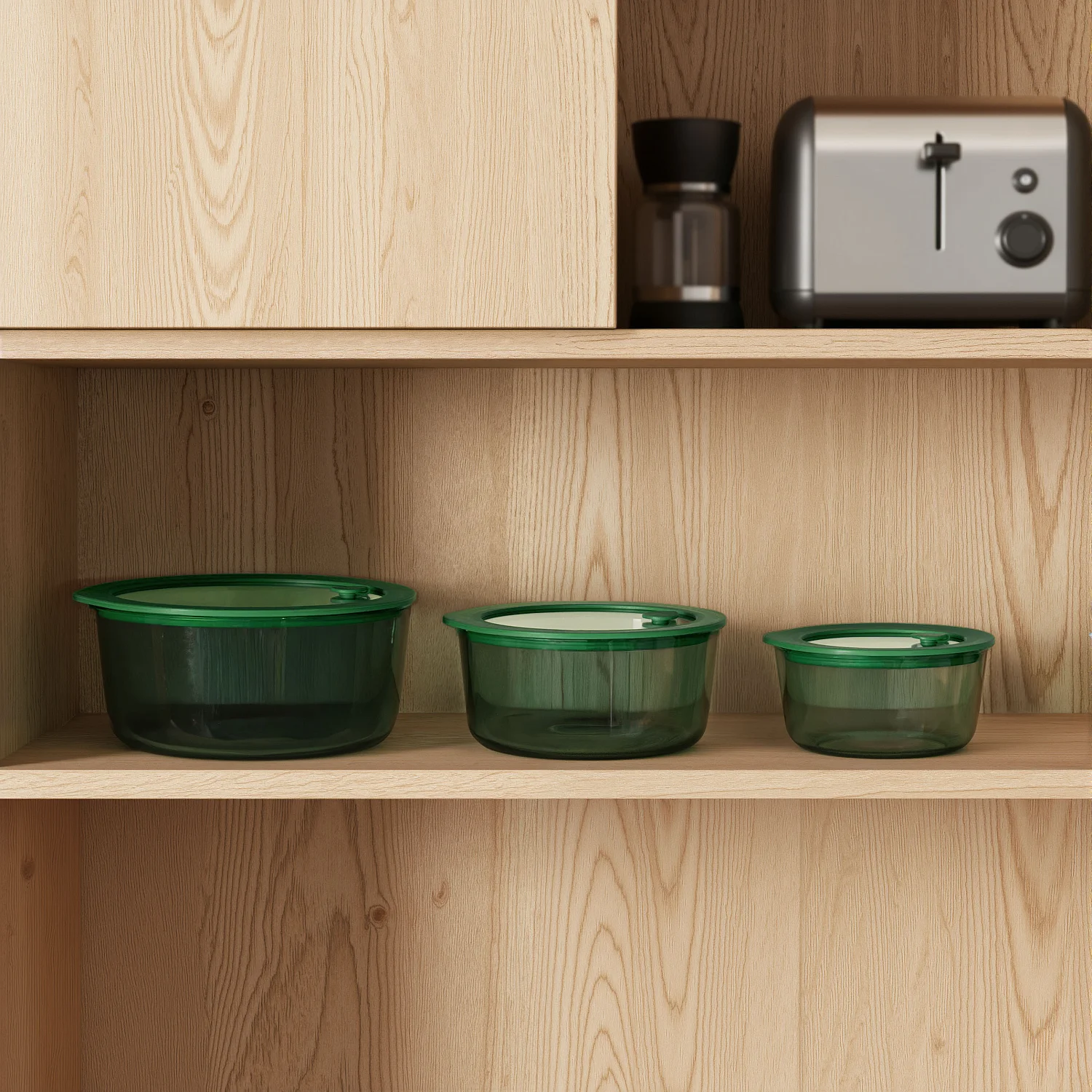 Lot de 3 boîtes de conservation rondes en verre avec couvercle transparent et valve - Vert - 1