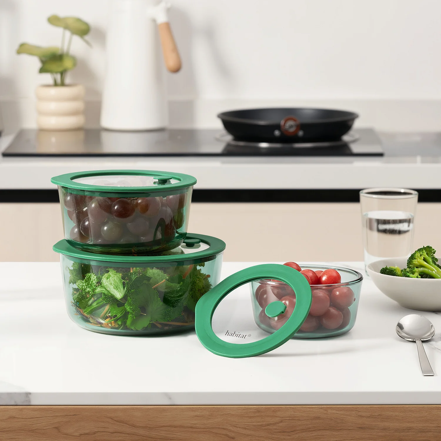 Lot de 3 boîtes de conservation rondes en verre avec couvercle transparent et valve - Vert - 3