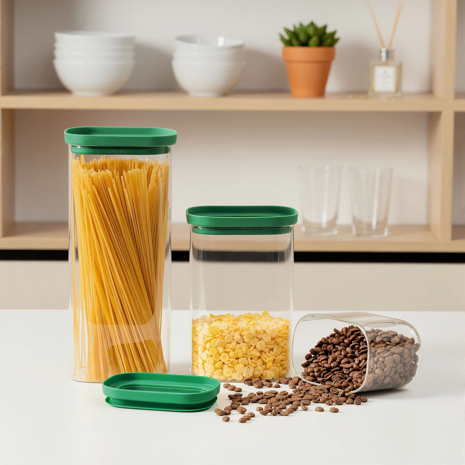 Lot de 3 bocaux de conservation en verre - 60 / 130 / 200 cl - Vert - 3