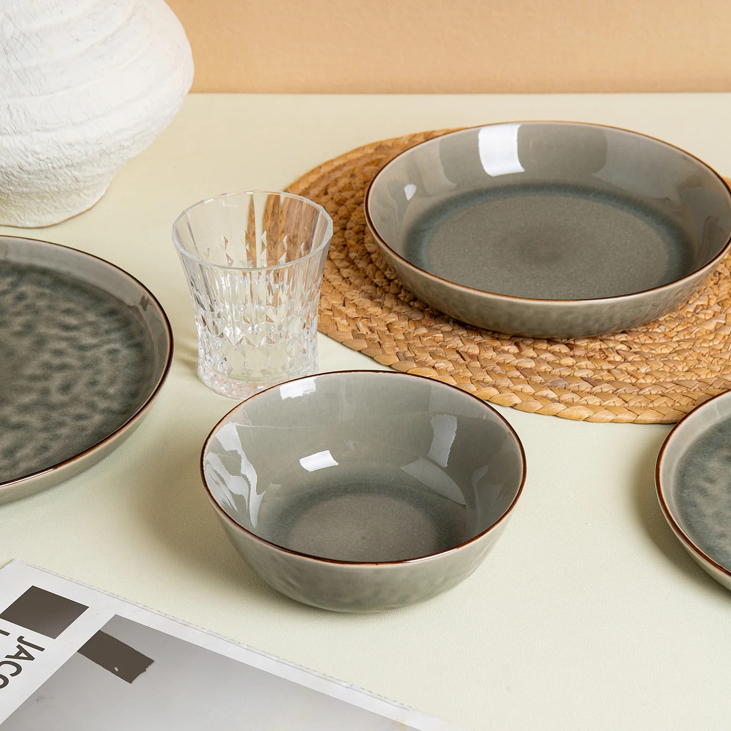 Lot de 6 bols en grès à émail réactif - Vert fumé - 1