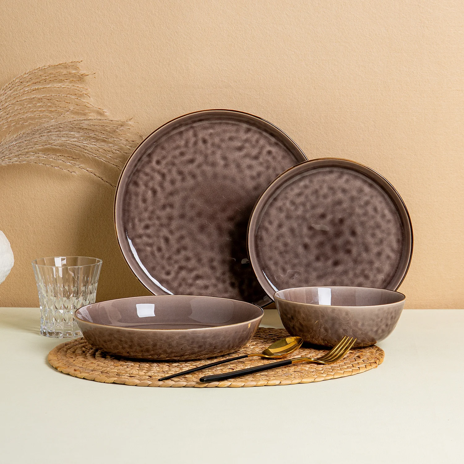 Service de table 18 pièces en grès à émail réactif - Marron glacé - 1