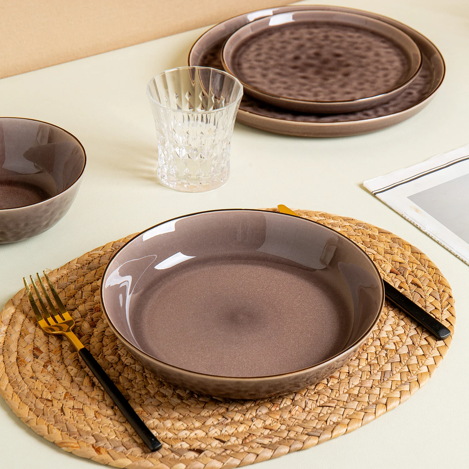 Service de table 18 pièces en grès à émail réactif - Marron glacé - 3