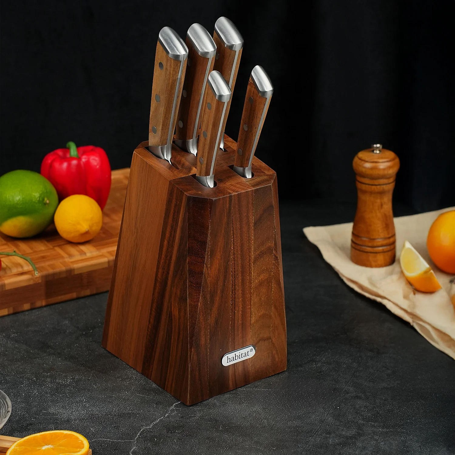 Bloc de 5 couteaux en acier inoxydable et bois d'acacia - Naturel - 3