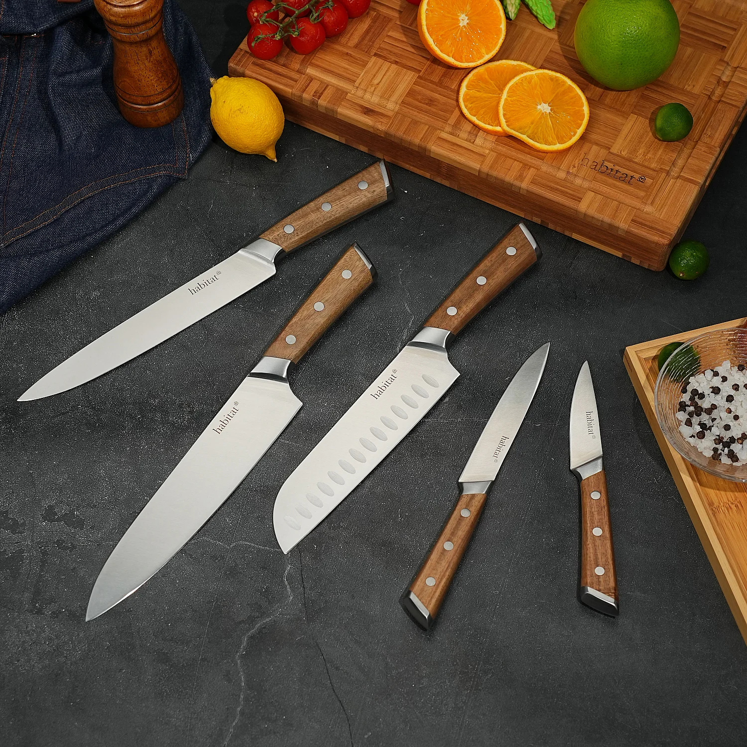 Bloc de 5 couteaux en acier inoxydable et bois d'acacia - Naturel - 1