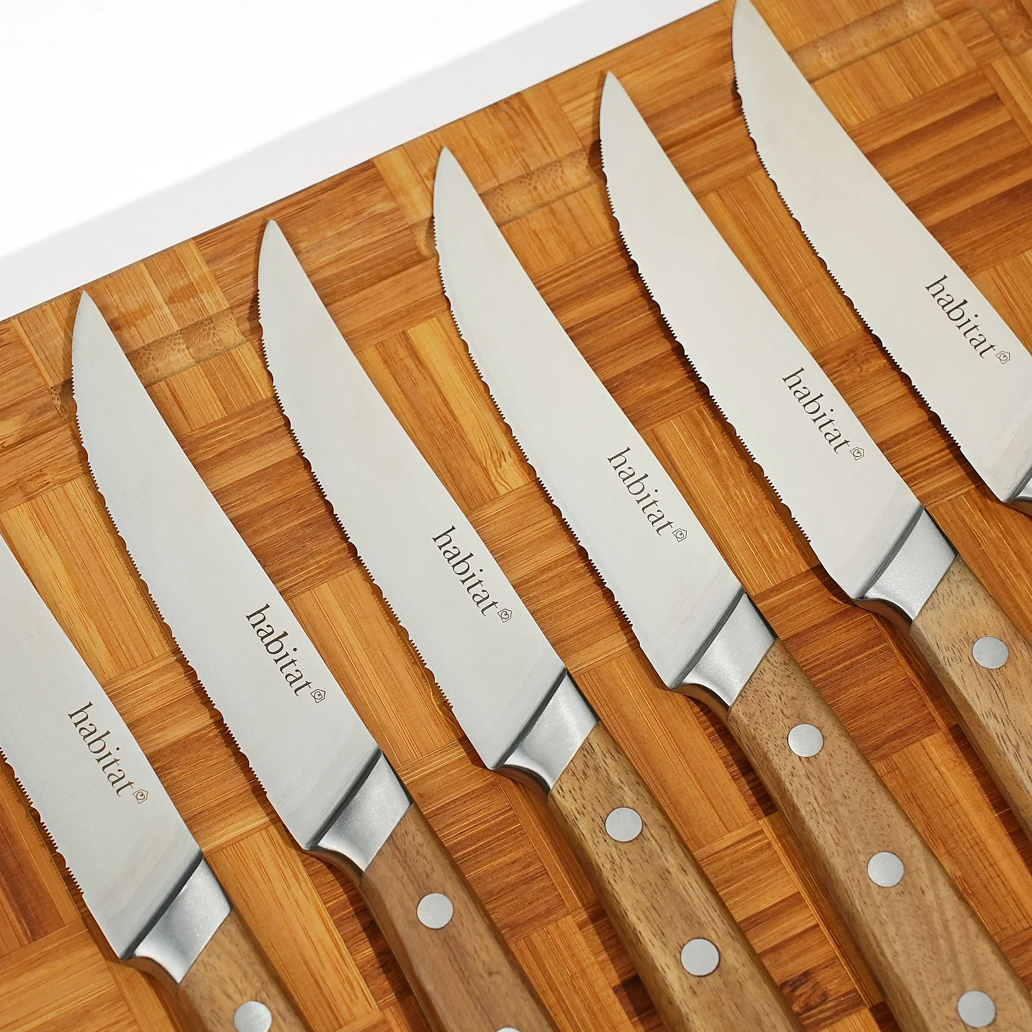 Lot de 6 couteaux à steak en acier inoxydable et bois d'acacia - 22 cm - Naturel - 3