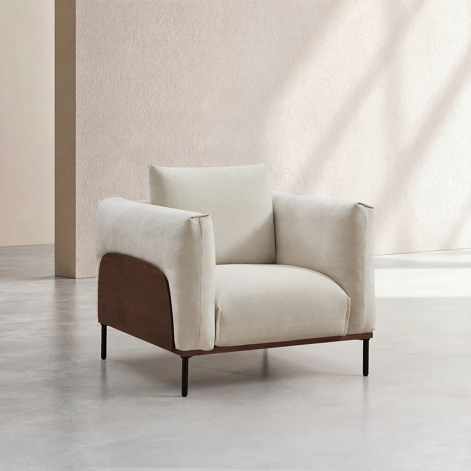 Fauteuil en tissu et bois garni de plumes - Sable et noyer - 3
