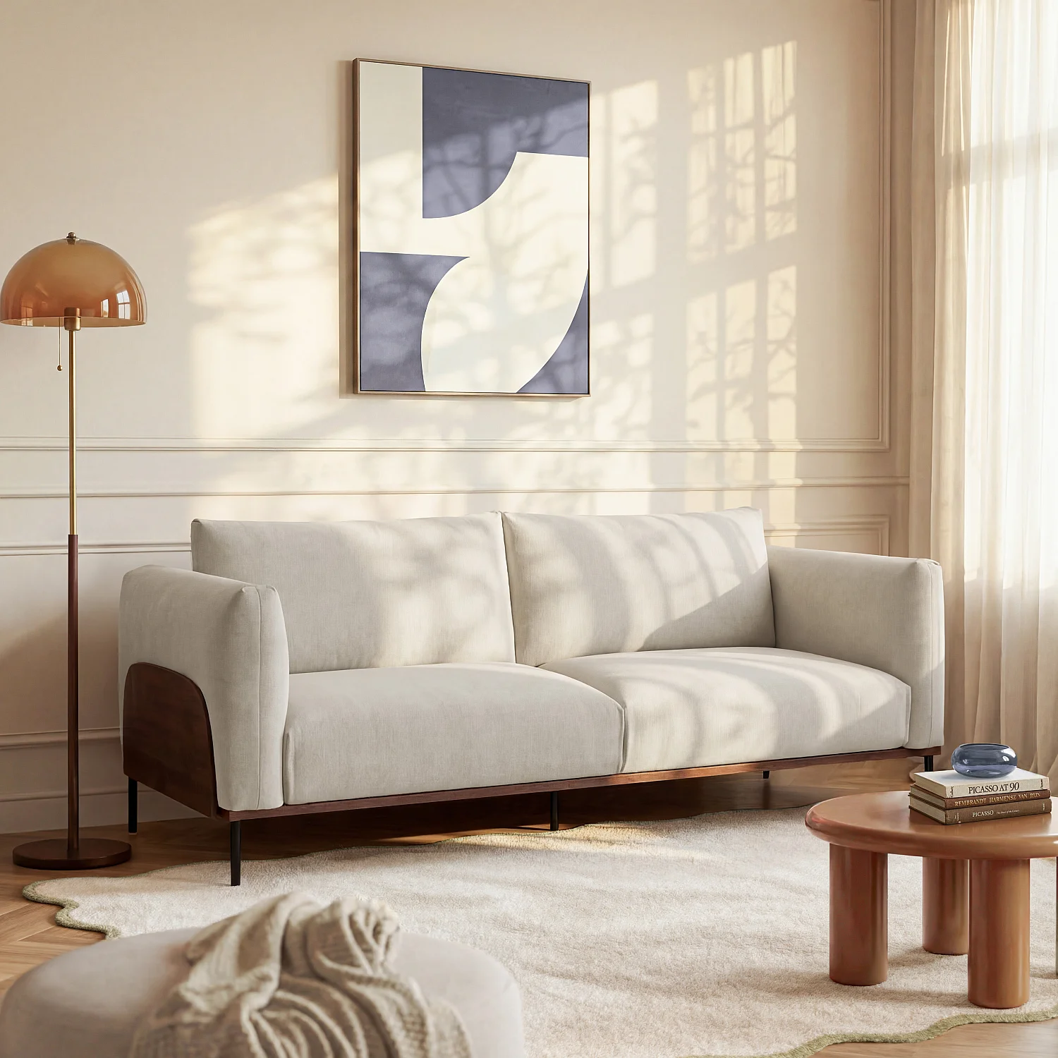 Canapé 3 places en tissu et bois garni de plumes - Sable et noyer - 1