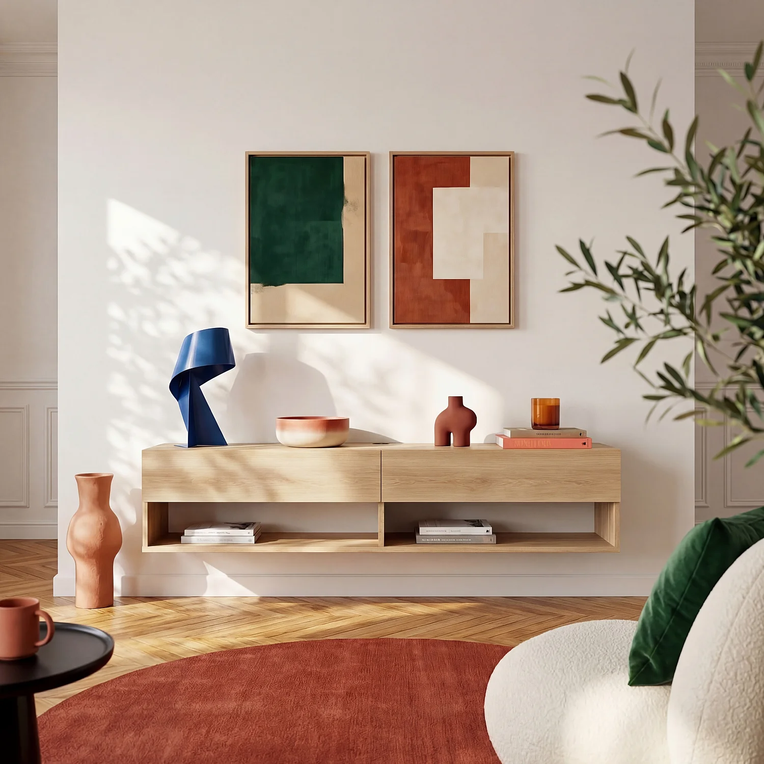 Hängendes TV-Möbel mit 2 Schubladen aus Eichenholz - Natur - 1