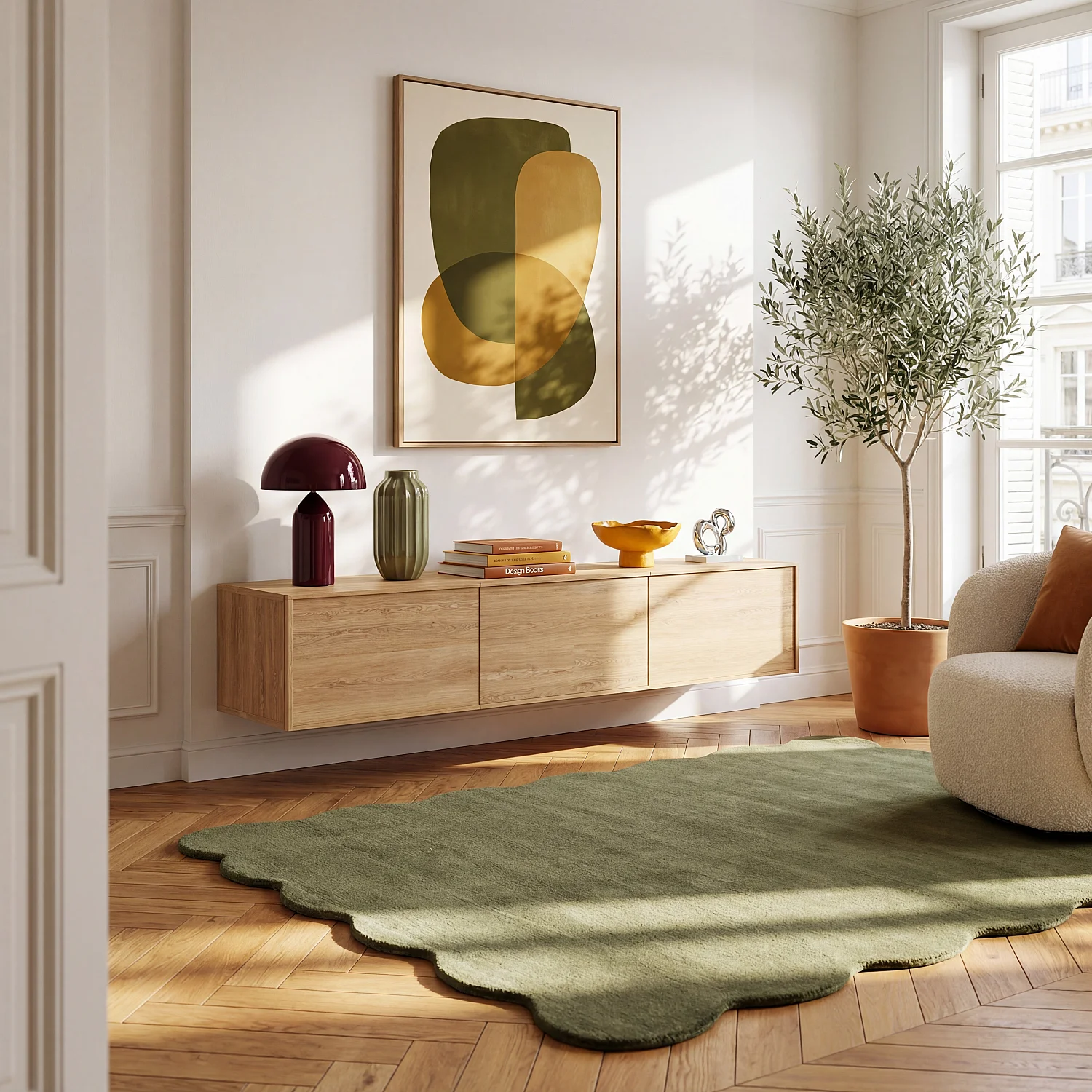 Meuble TV suspendu 2 portes 1 abattant en chêne - Naturel - 1