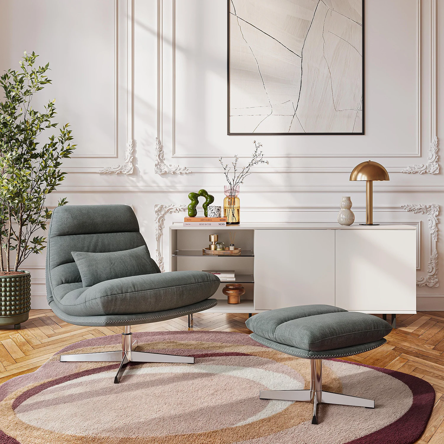 Fauteuil pivotant avec repose-pieds en tissu et métal chromé - Orange - 5