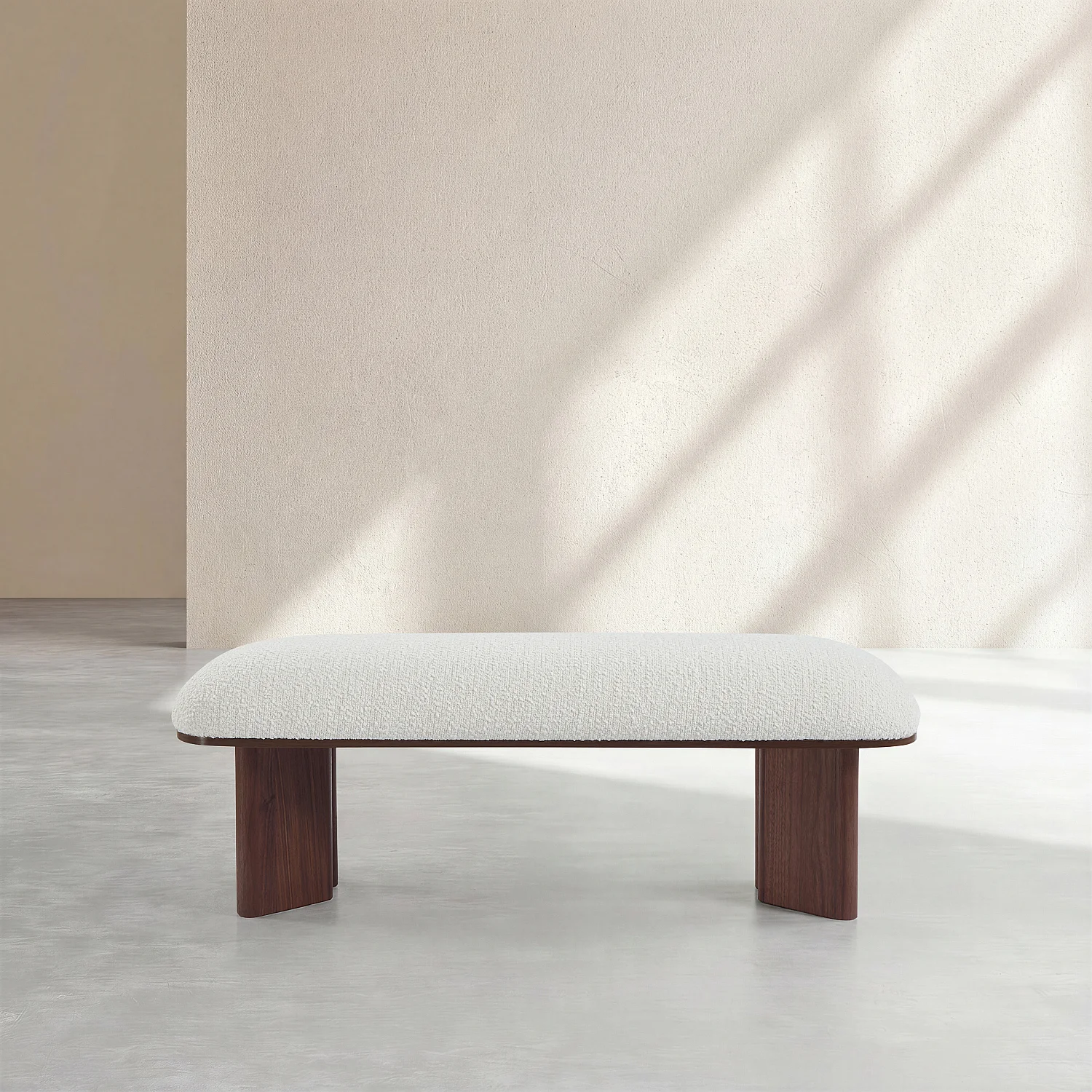 Banc en tissu bouclette et bois - Blanc et noyer - 3