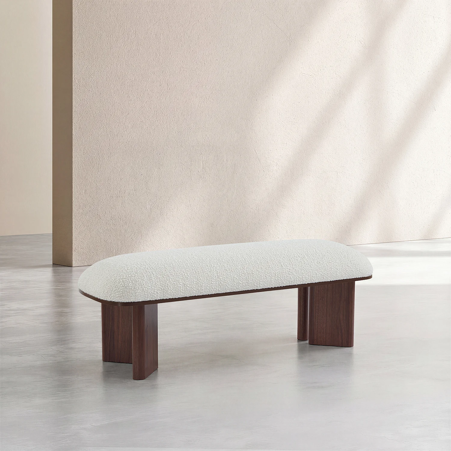 Banc en tissu bouclette et bois - Blanc et noyer - 2