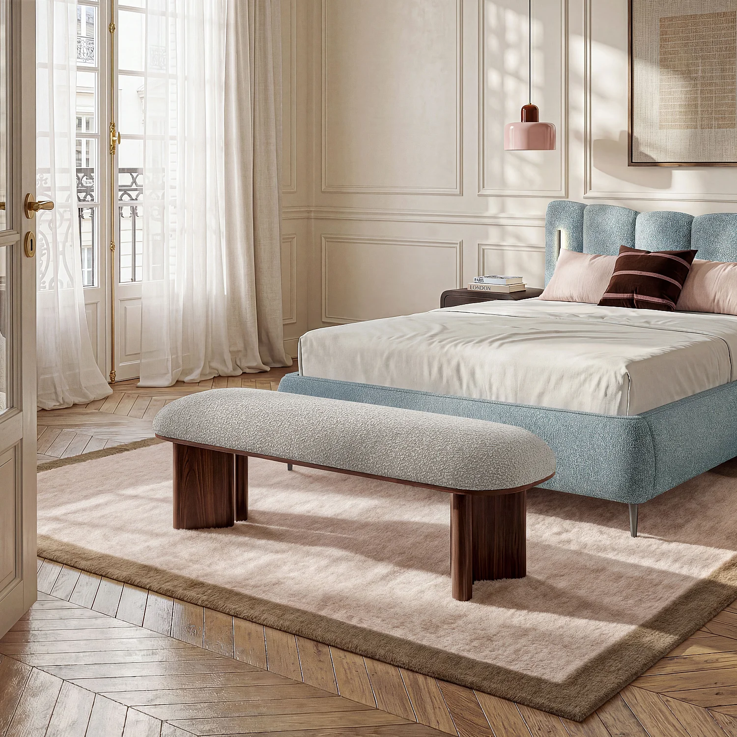 Banc en tissu bouclette et bois - Gris perle et noyer - 1