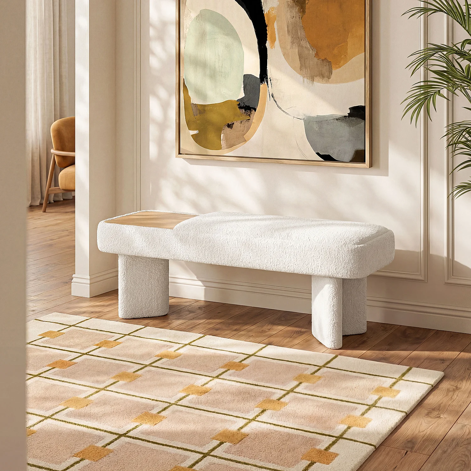Banc en tissu bouclette et bois - Blanc et chêne - 1