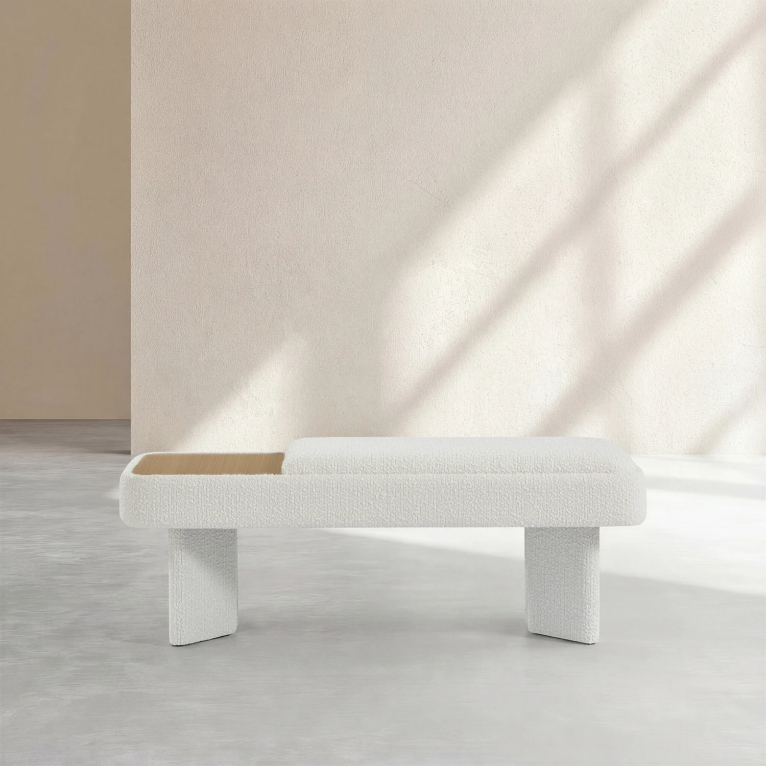 Banc en tissu bouclette et bois - Blanc et chêne - 3
